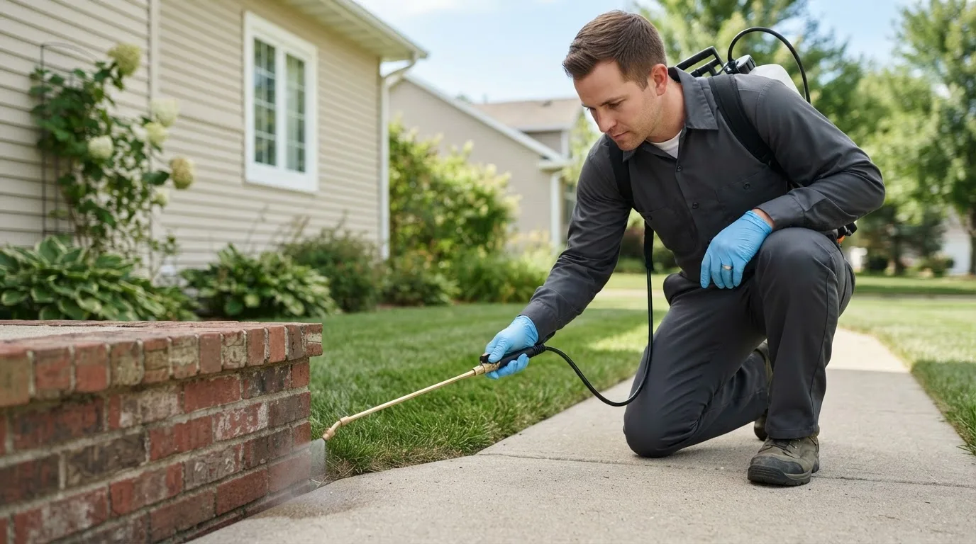 Pest control technician treating a home near Evansville, WY